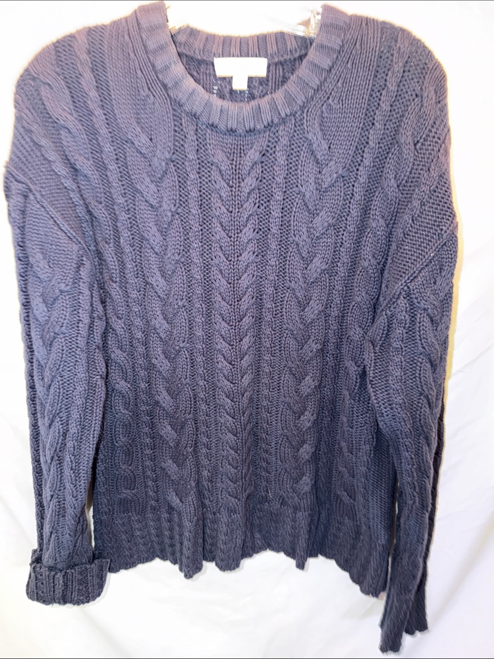 Cable Knit Crewneck Sweater, Navy Blue, SZ M, PTP 21”, Length 24”, (T4-302)